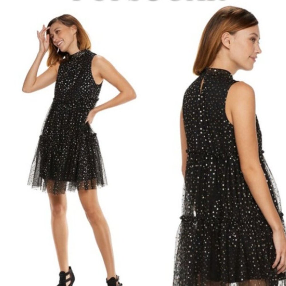 NWT PopSugar Metallic Gold Star Tiered Black Dress